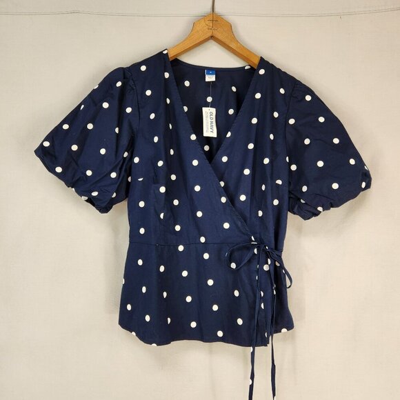 Old Navy Crossover Wrap Top Size M Navy Blue Polka Dot Puff Sleeves Shirt  NWT - Picture 3 of 7